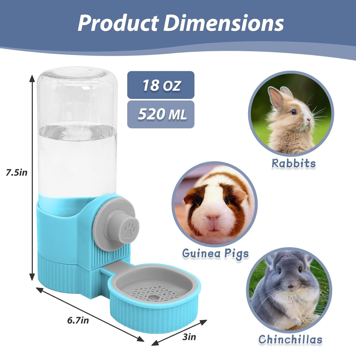Fhiny Rabbit Water Bottle, 18oz Hanging Guinea Pig Water Bottle No Drip Gravity Bunny Water