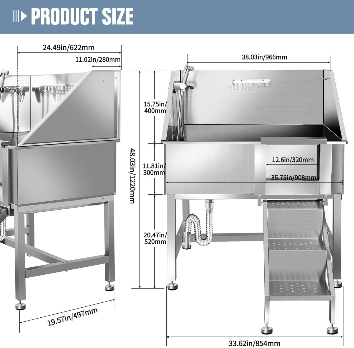 38" Dog Bathing Station, Professional Dog Washing Station Stainless Steel Dog Grooming Tub for