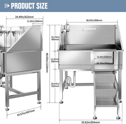 38" Dog Bathing Station, Professional Dog Washing Station Stainless Steel Dog Grooming Tub for