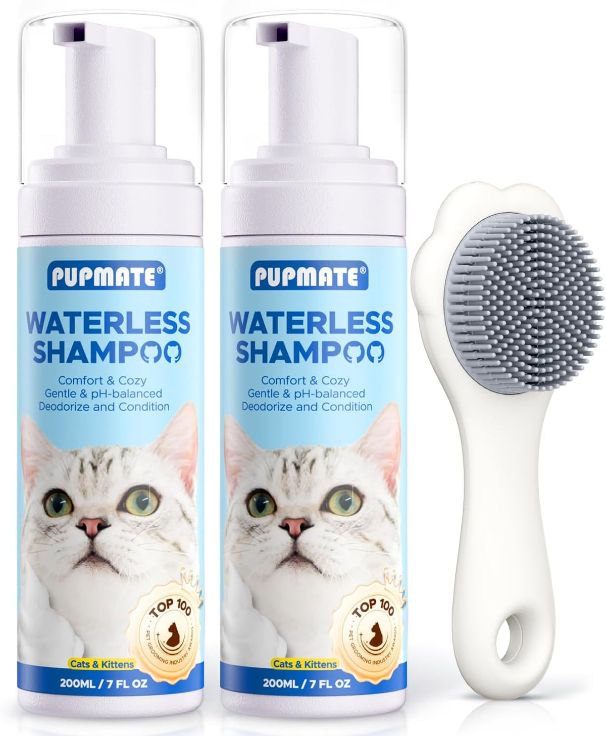 Waterless Cat Shampoo with Cat Brush - No Rinse Foam Dry Shampoo | Deep Cleansing Relieves Itchy