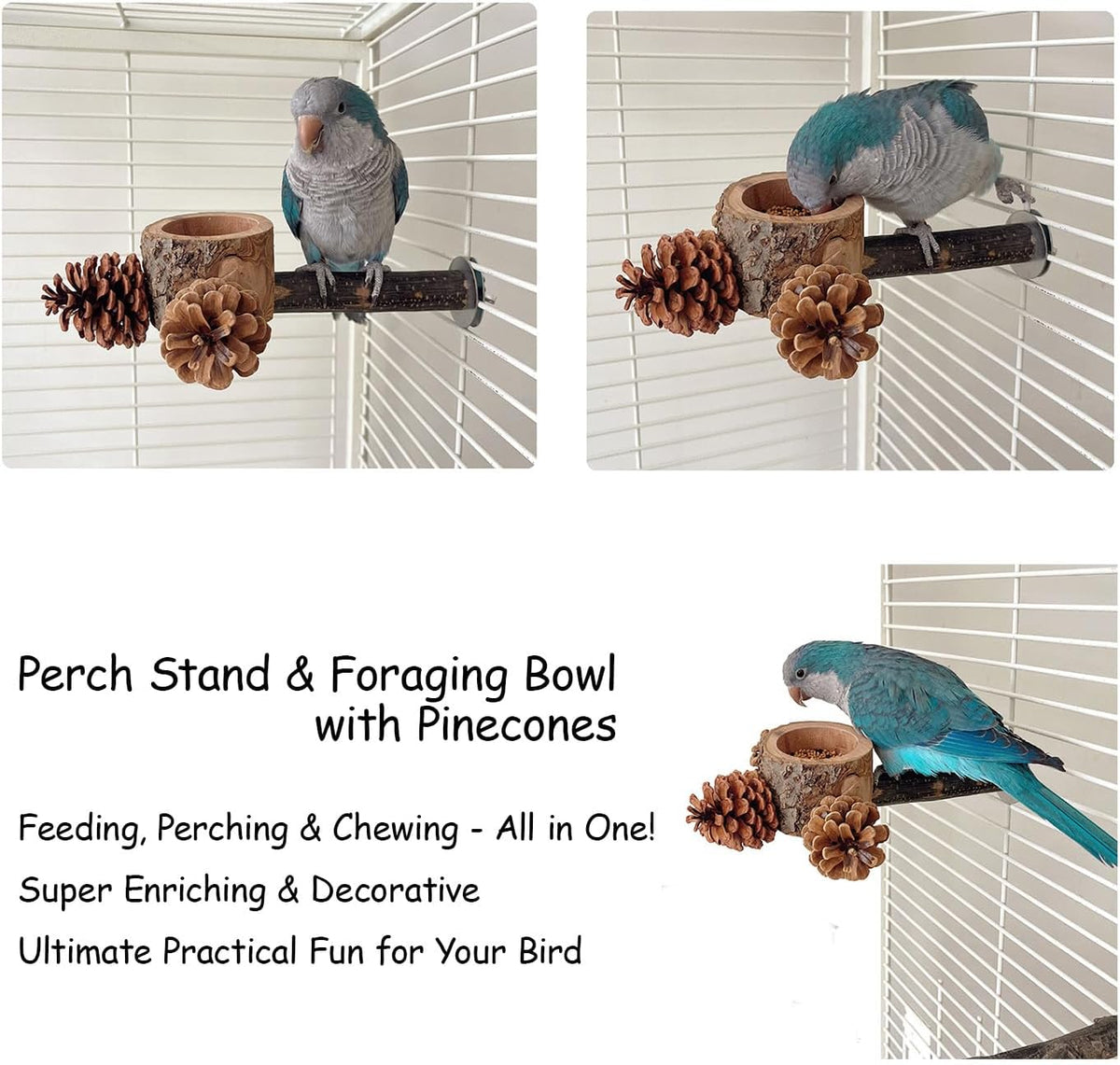 Bird Perch with Safe Bowl Wood & Pinecones - Bird Toys Chew Toys 100% Natural & Durable for