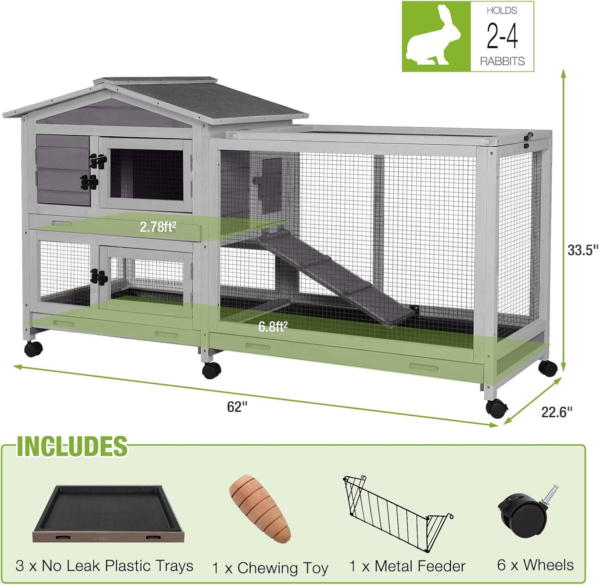 GUTINNEEN Rabbit Hutch Indoor with Chew-Proof Ramp, 62" L Wooden Rabbit Cage with 6 Casters, Bunny