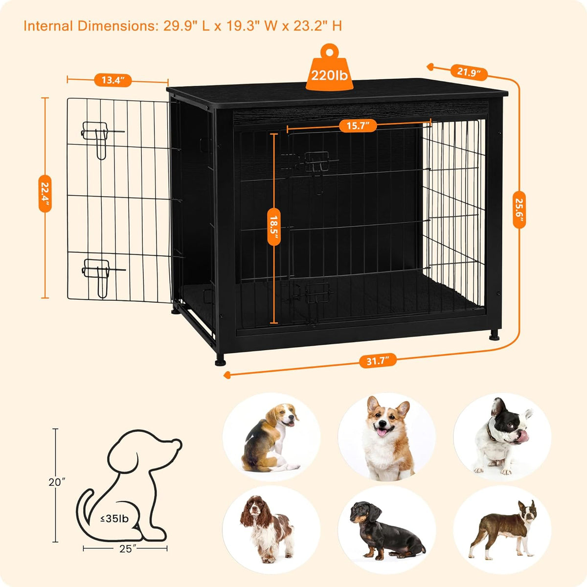 DWANTON Dog Crate Furniture with Cushion, Wooden Kennel Table with Double Doors, Indoor Dog House