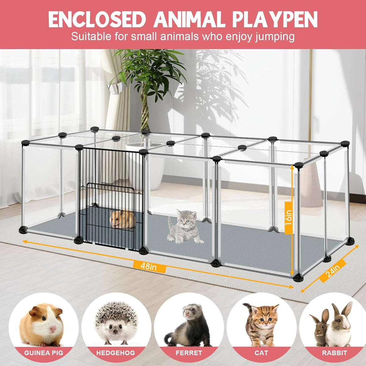 20 Panels Small Animals Playpen, 48" x 24" x 16" Transparent Pet Playpen with Waterproof