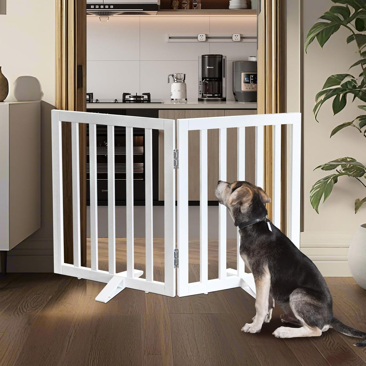 ZJSF Freestanding Indoor Dog Gate for House Foldable Wood White Puppy Gate for Doorways Pet Gate