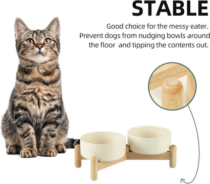 Ceramic 5.1inch Raised Double Bowls Set with Wooden Stand, Elevated Food & Water Bowls for Small