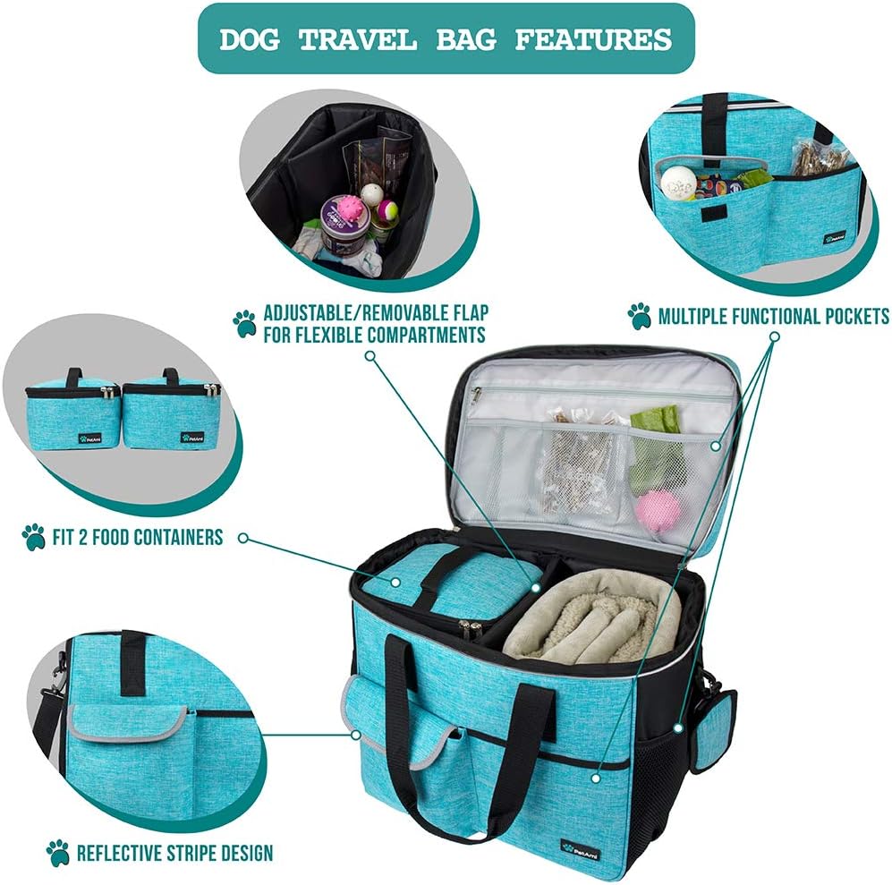 PetAmi Travel Bag Organizer - Dog & Cat Diaper Bag with Food Container and Bowls, Perfect for