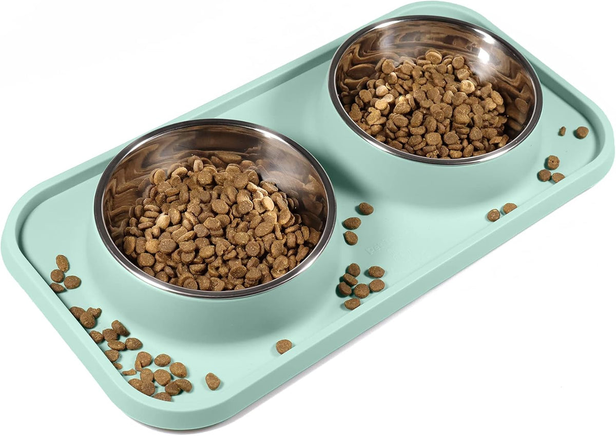 Cat Food Bowls, Cat Bowls Non-Skid and Non-Spill Silicone Pads with PP Stand, Removable Stainless