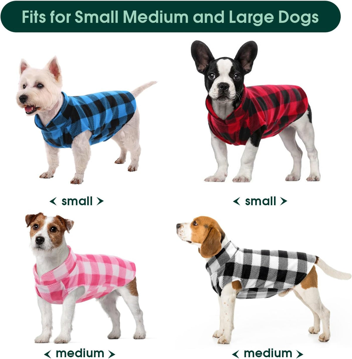 Kuoser 4 Pack Dog Fleece Vest,Warm Plaid Dog Sweater with Leash Hole,Soft Turtleneck Winter Pet