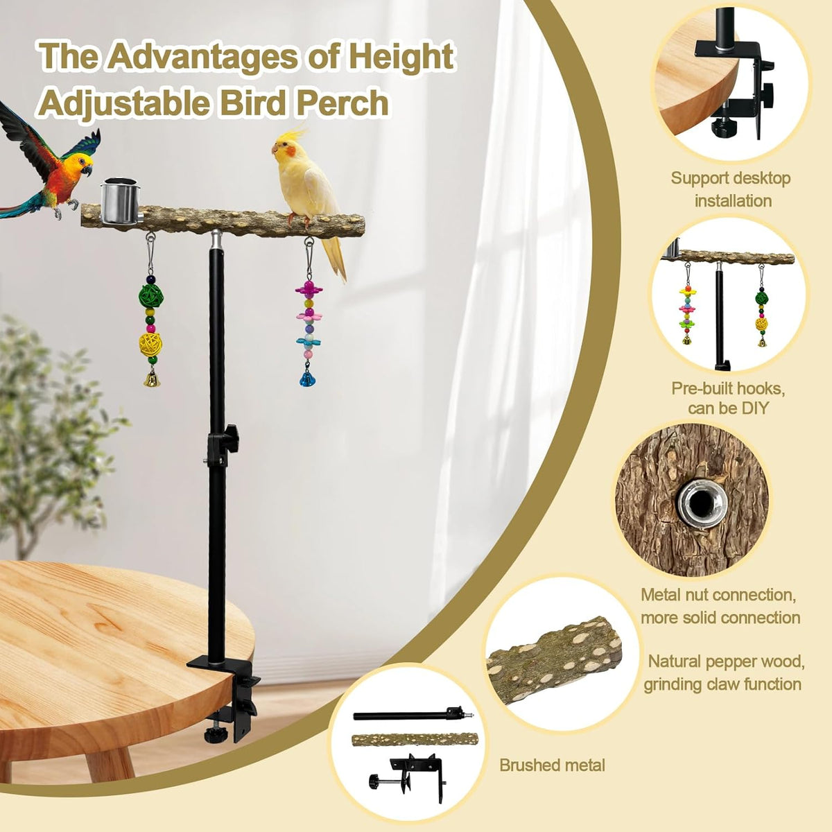 18-27 Inch Height Adjustable Bird Perch Pepper Wood Desktop Bird Training Perch Stand with Feeding