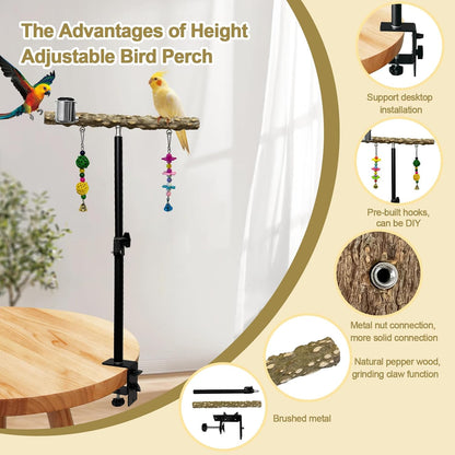 18-27 Inch Height Adjustable Bird Perch Pepper Wood Desktop Bird Training Perch Stand with Feeding