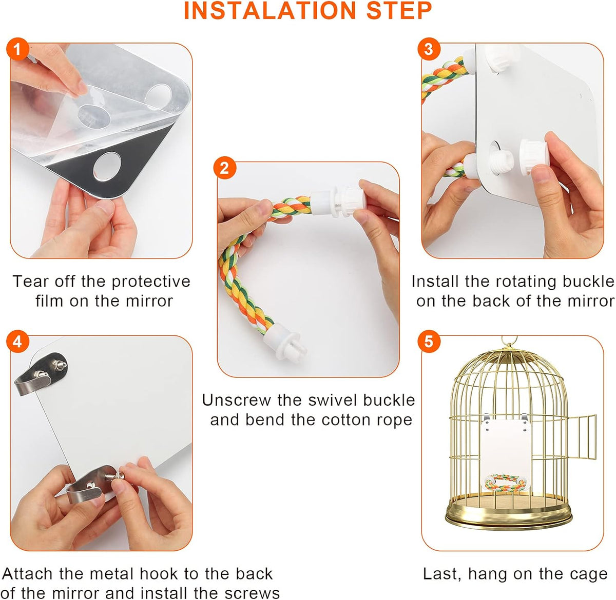 AHIER 7 Inch Bird Mirror with Rope Perch, Bird Toys Swing Parrot Grinding Stone with Bell for