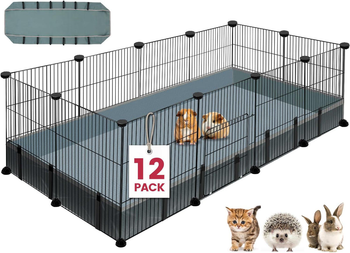 12 Panels Small Animal Playpen,Pet Playpen with Waterproof Mat,C&C Cage for Guinea Pigs,Puppy Play