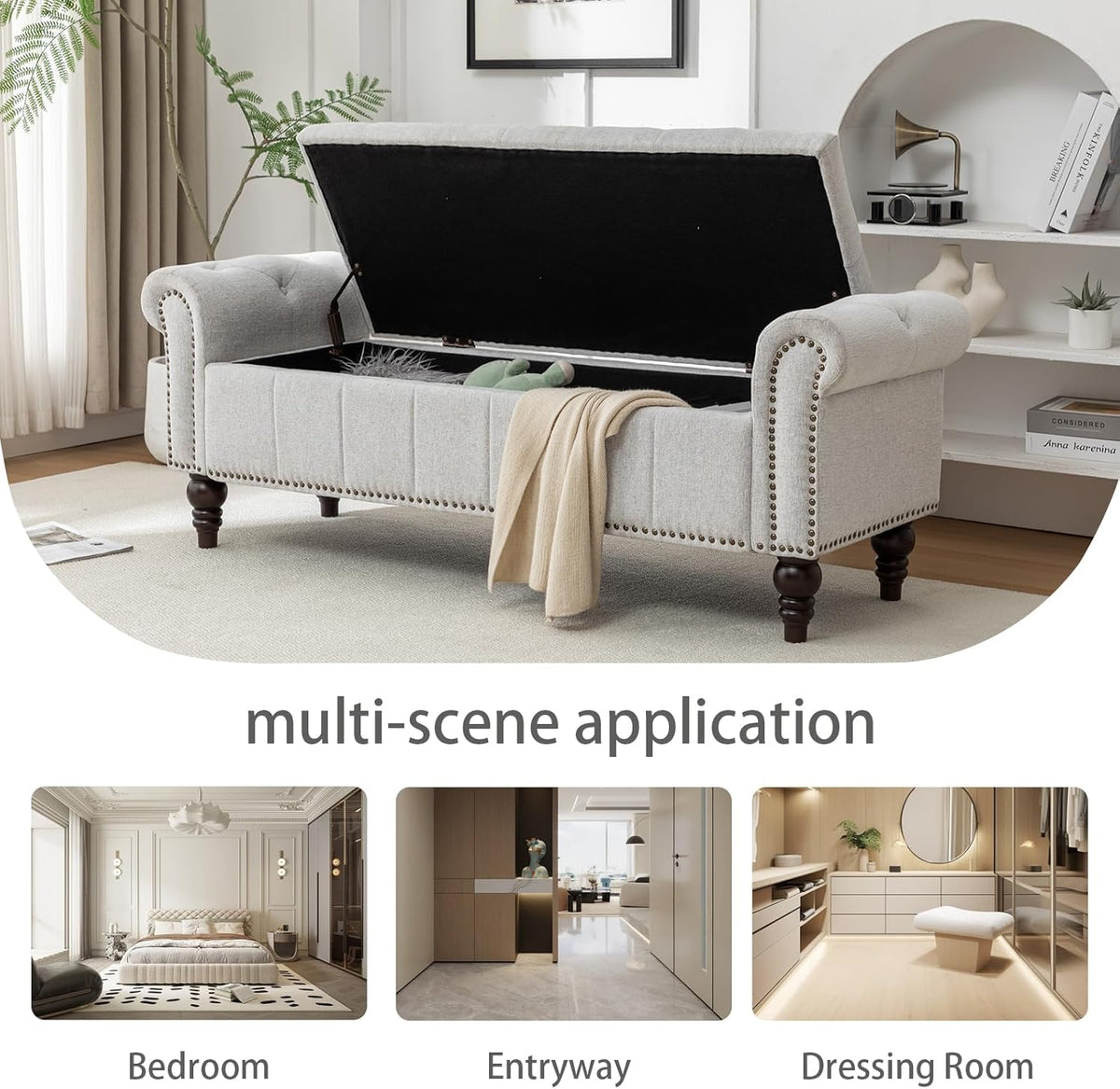 58’’ Storage Bench for Bedroom, Upholstered Button-Tufted Ottoman with Solid Wood Legs, Queen Size