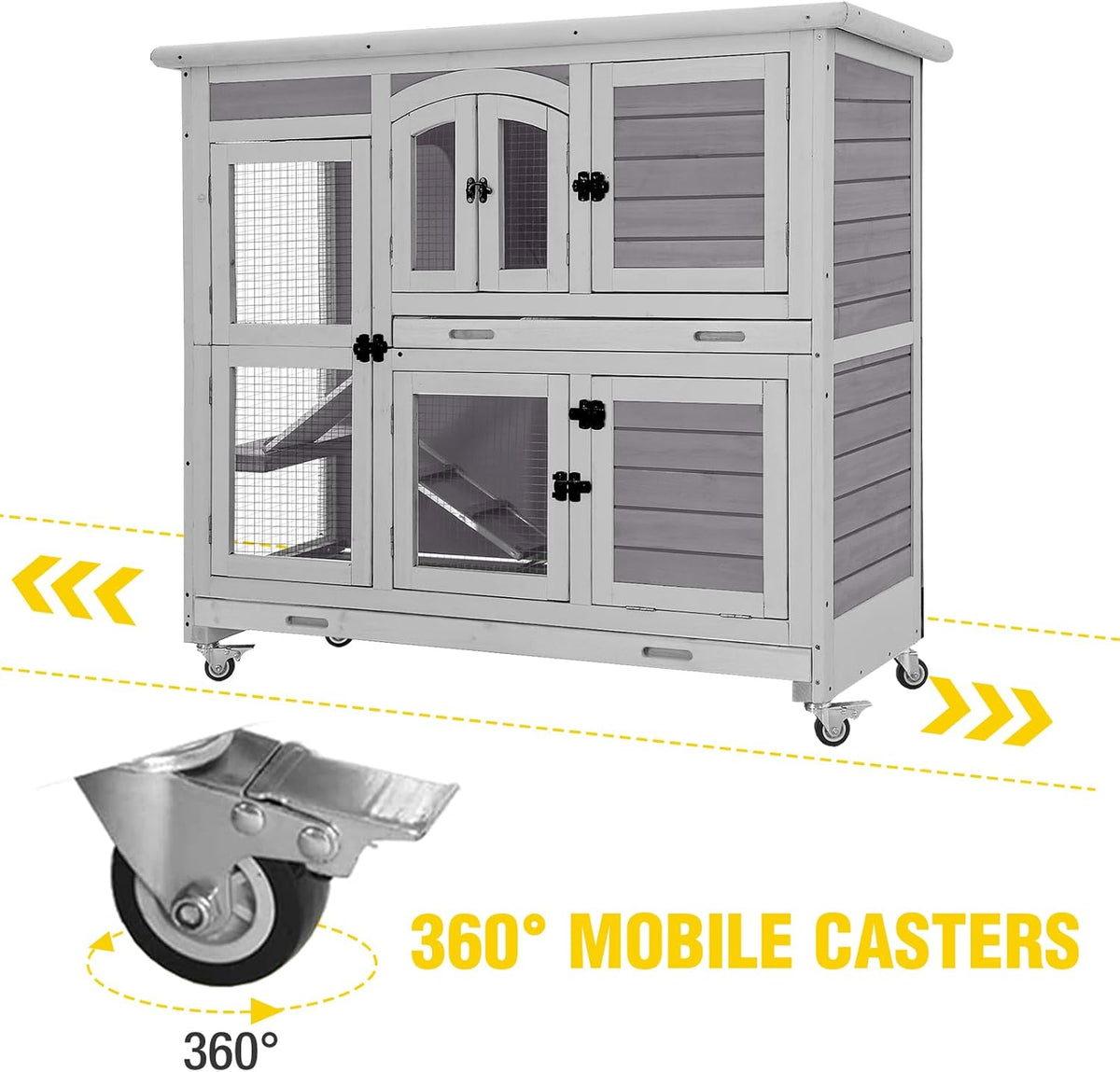 Aivituvin Rabbit Hutch Indoor, Bunny Cage with Wheels, 2-Story Design, 2 Deep Trays, Anti Slip