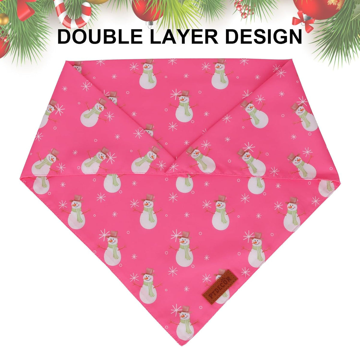 PTDECOR Christmas Dog Bandana, Santa Snowman Design Reversible Holiday Pet Scarf, Pink Triangle Fit