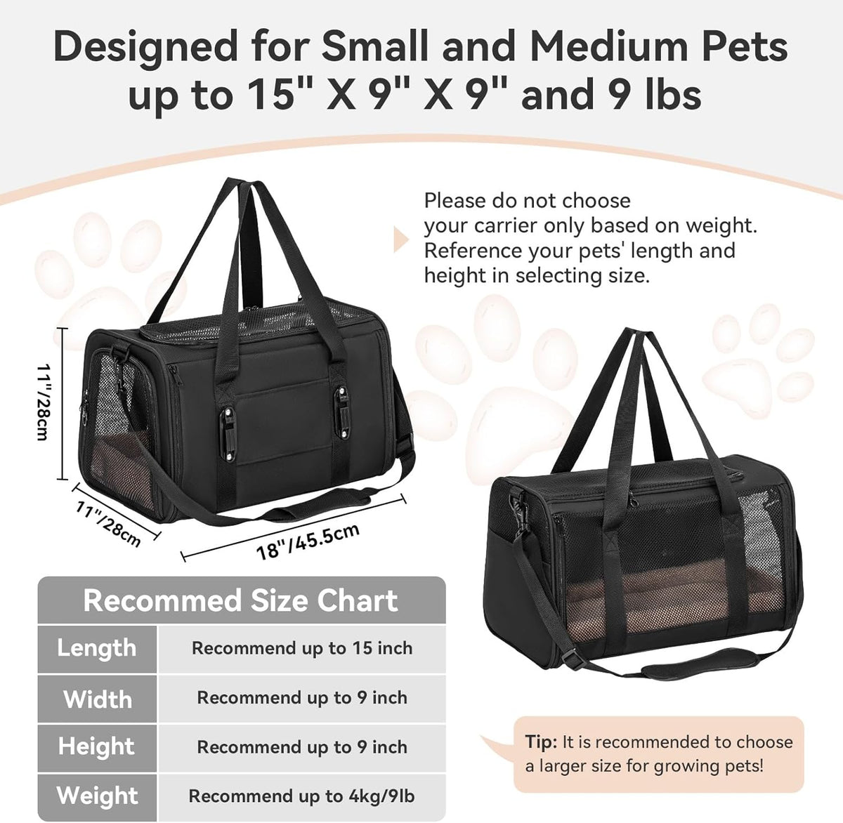 PETSFIT Soft-Sided Cat Carriers & Car Seats with Patent Safe Buckles, Clip-On Harness, 18"x11"x11"