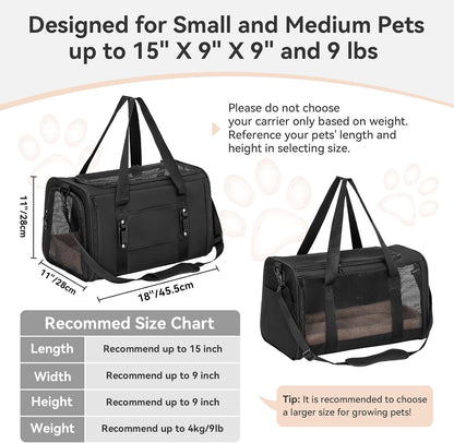 PETSFIT Soft-Sided Cat Carriers & Car Seats with Patent Safe Buckles, Clip-On Harness, 18"x11"x11"