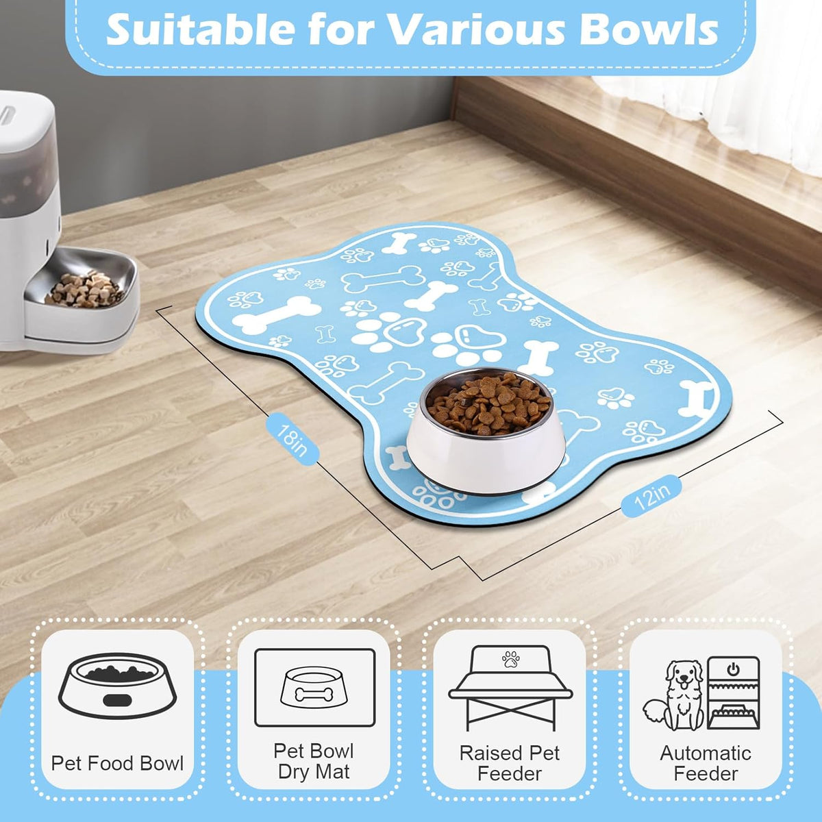 Dog Cat Mat for Food and Water,Rapid Absorbent Pet Feeding Mat, Bone Shaped Dog Placemat Bowl Mat