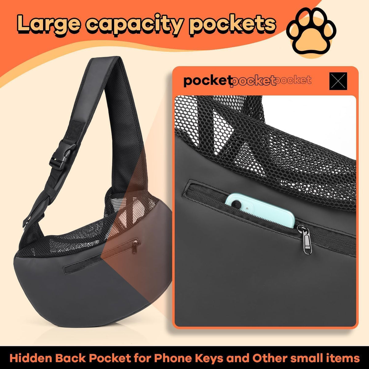 YUDODO Pet Sling Carrier for Small Dogs & Cats – Hands-Free Puppy Carrier with Safety Hook, Large