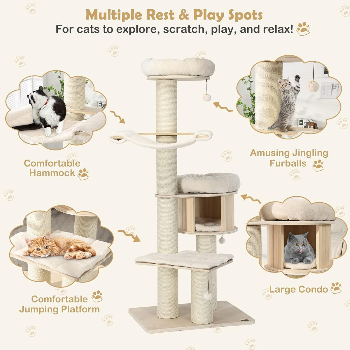 Tangkula Modern Cat Tree, Multi-Level Large Cat Tower with Condo, Hammocks & Hanging Basket, Tall