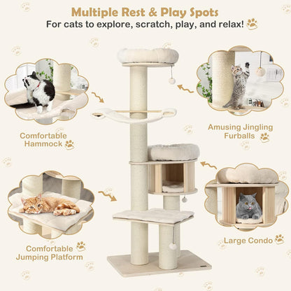 Tangkula Modern Cat Tree, Multi-Level Large Cat Tower with Condo, Hammocks & Hanging Basket, Tall