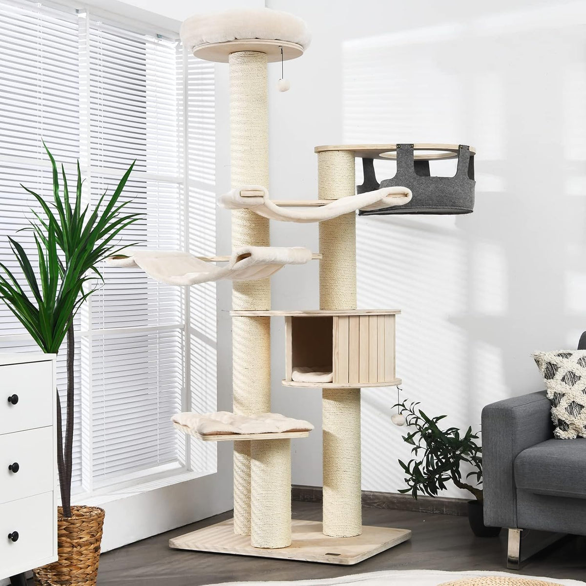 Tangkula Large Cat Tree, Multi-Level Tall Cat Tower with Sisal Scratching Posts, Hammocks, Hanging
