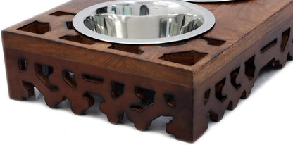 Elevated Pet Feeder for Dogs and Cats - Hand Carved Wood Bones Raised Dog Bowl Stand - Pet Feeding