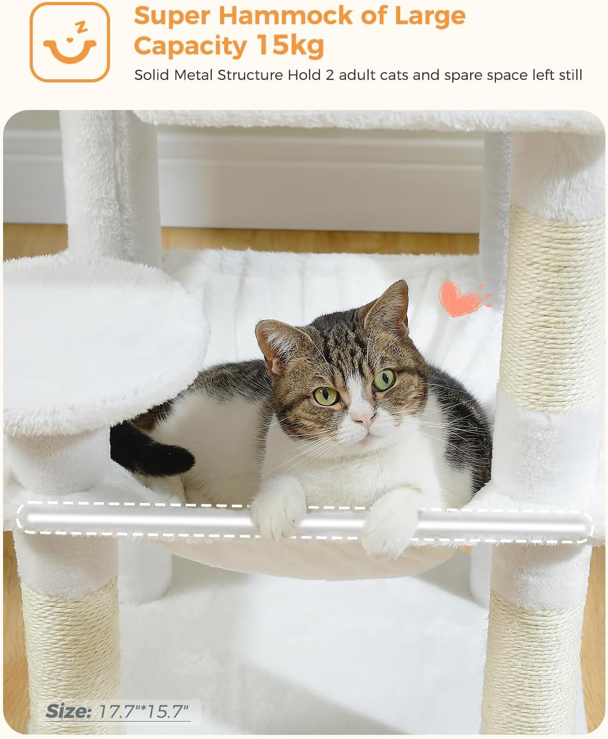 White Cat Tree for Indoor Cats, 45.7" Multi-Level Cat Tower with Large Metal Frame Hammock, Cat
