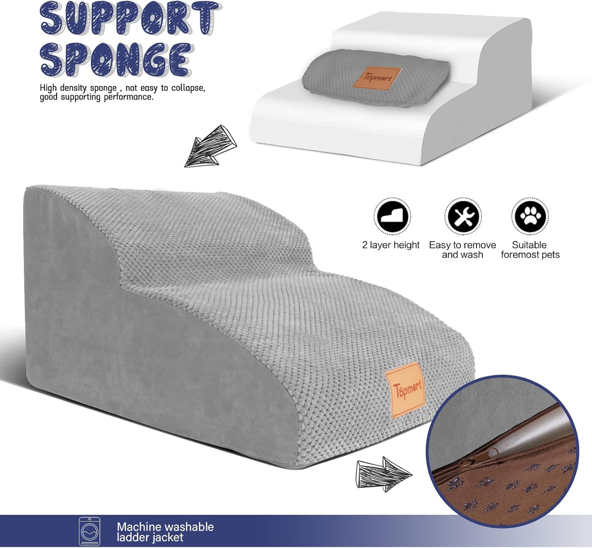 Topmart High Density Extended Foam Dog Ramp&Steps 2 Tiers,11.8" High,Non-Slip Dog Stairs,Soft Foam