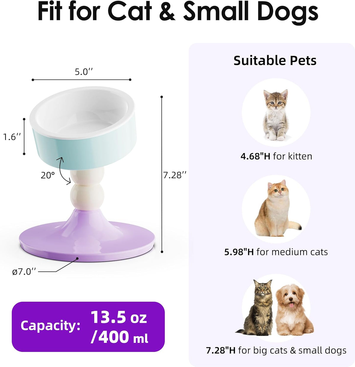 Ceramic Elevated Raised Cat Bowls,3 Heights Adjustable Raised Dog Bowl Stand for Indoor Cats and