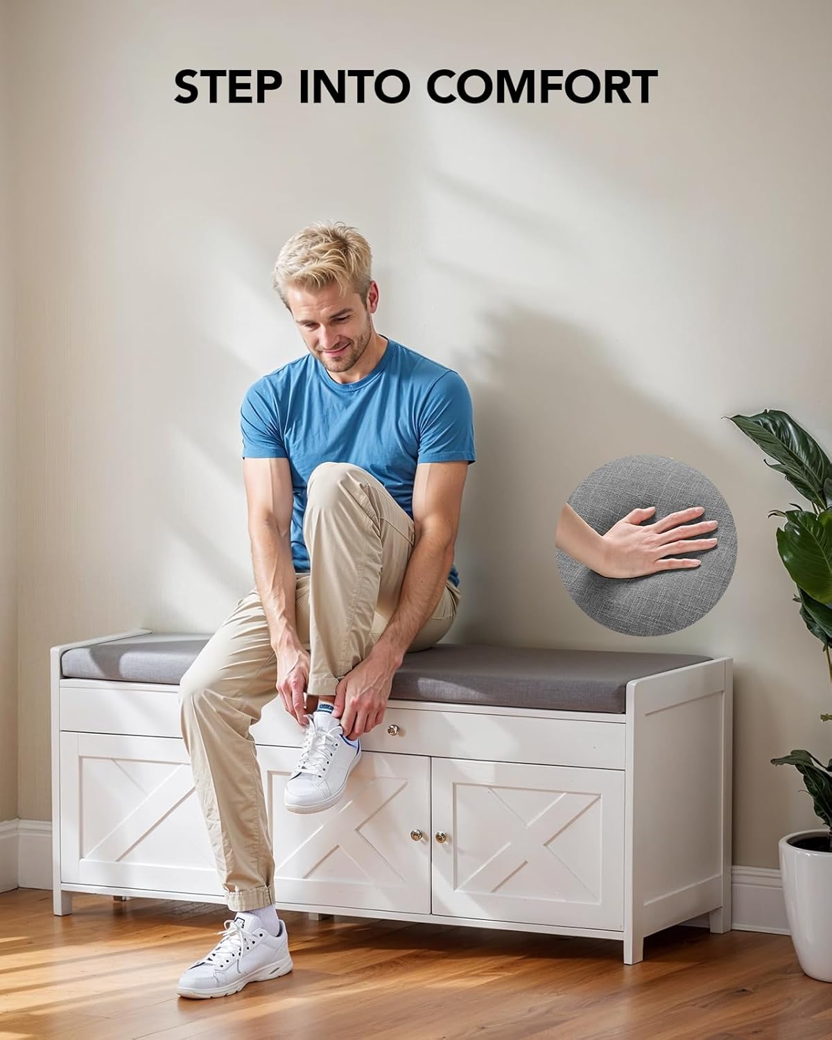 Amada Shoe Storage Bench, Entryway Bench with Cushioned Seat & Lift Top Storage, 3 Doors
