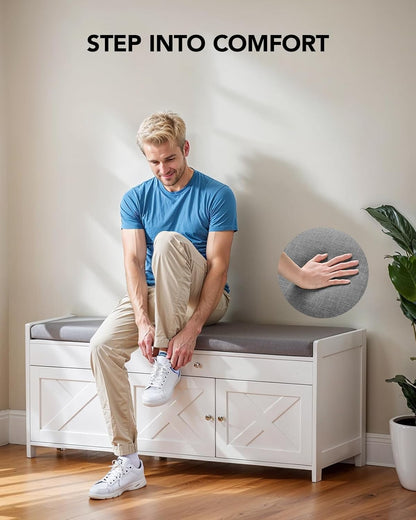 Amada Shoe Storage Bench, Entryway Bench with Cushioned Seat & Lift Top Storage, 3 Doors