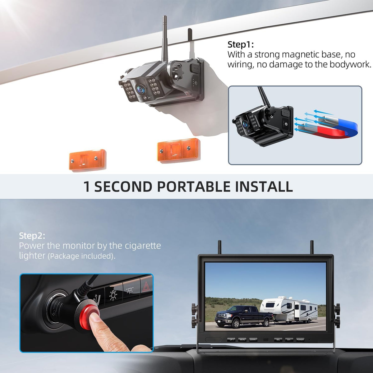 eRapta 4 Wireless Backup Camera Magnetic: 10.1" IPS Full-Size DVR Monitor, Install-Free RV Camera