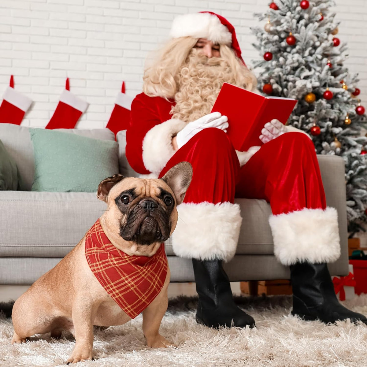Weewooday 50 Pcs Christmas Dog Bandanas Bulk Xmas Red Green Buffalo Plaid Bandanas for Dogs Soft