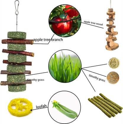 Grddaef 20 PCS Bunny Chew Toys for Teeth, Natural Rabbit Toys Apple Wood Grass Timothy Sticks Chew