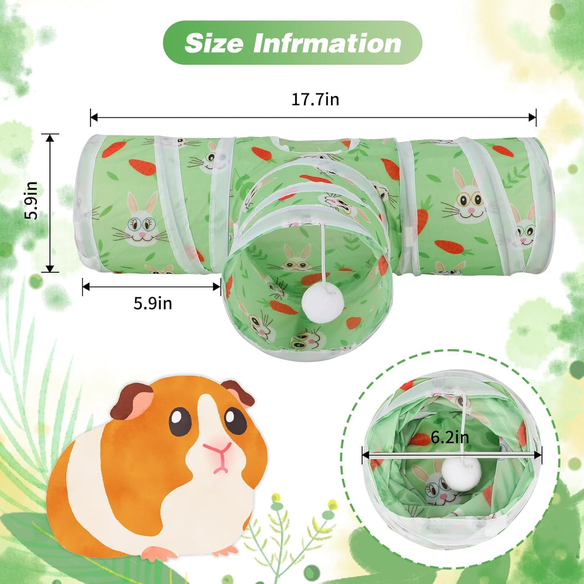 Rypet Guinea Pig Tunnel 3 Way Collapsible Small Pet Tunnels and Tubes with Interactive Ball for
