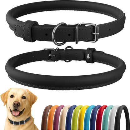 CollarDirect Rolled Leather Dog Collar, Soft Padded Round Puppy Collar, Handmade Genuine Leather