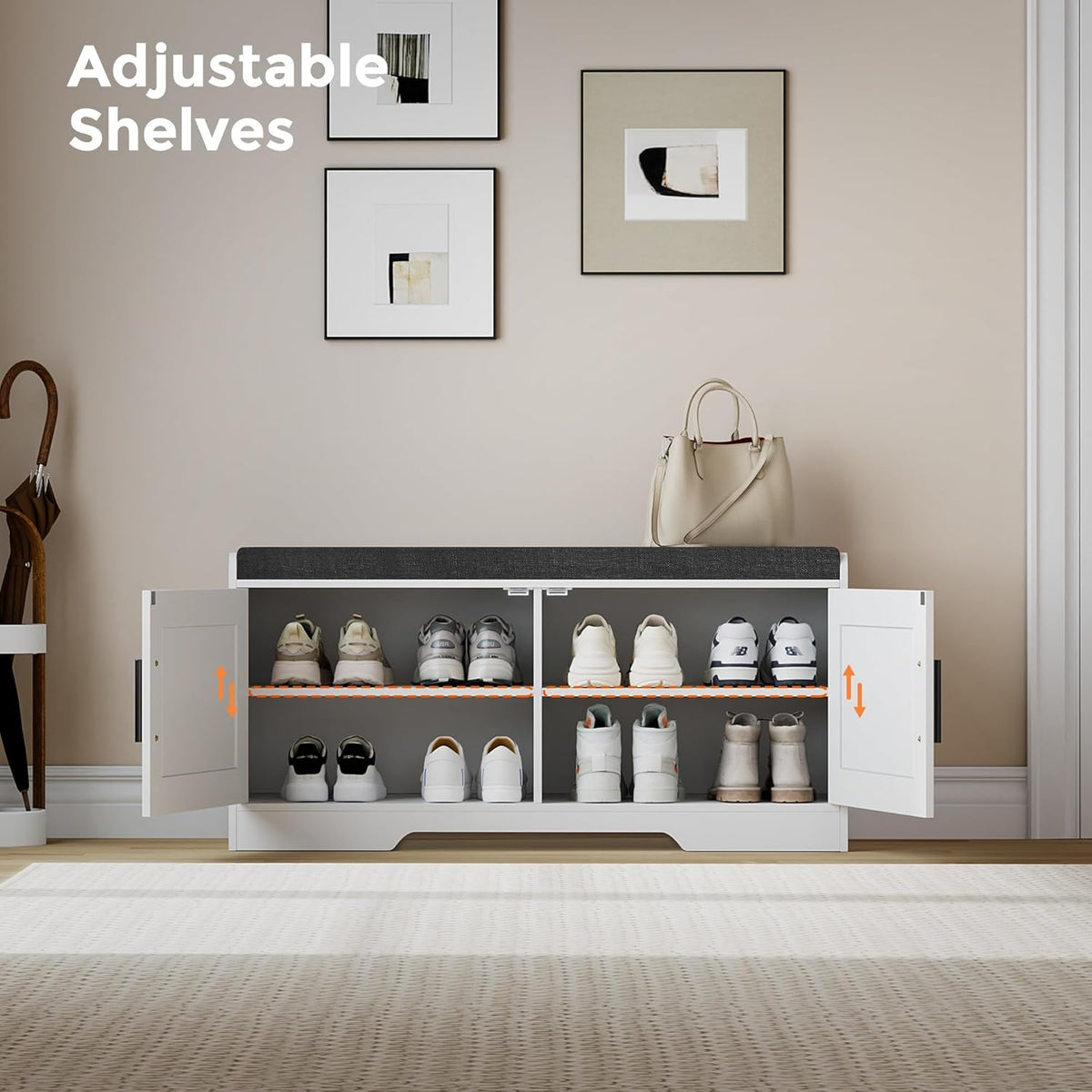 2-Tier Storage Bench, Shoe Bench with Thickened Padded Seat Cushion, Entryway Bench with 2 Doors