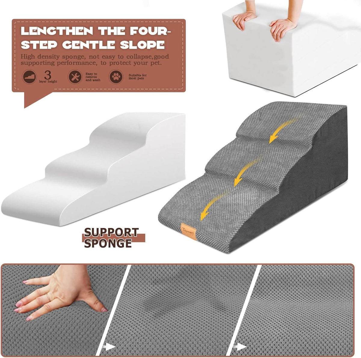 Topmart High Density Extended Foam Dog Ramp&Steps 3 Tiers,15.7" High,Non-Slip Dog Stairs with