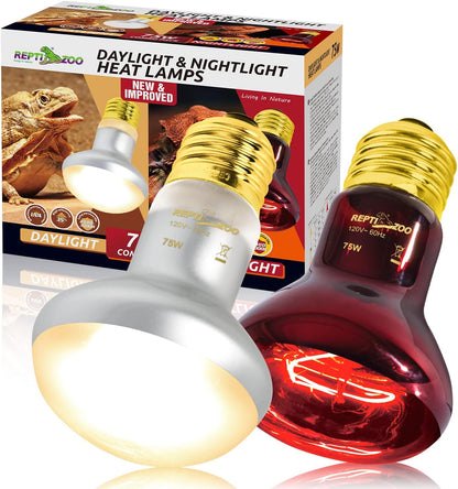 REPTIZOO 75W Reptile Heat Lamp Bulb, 2PCS Day & Night Basking Spot Light Combo Pack Includes