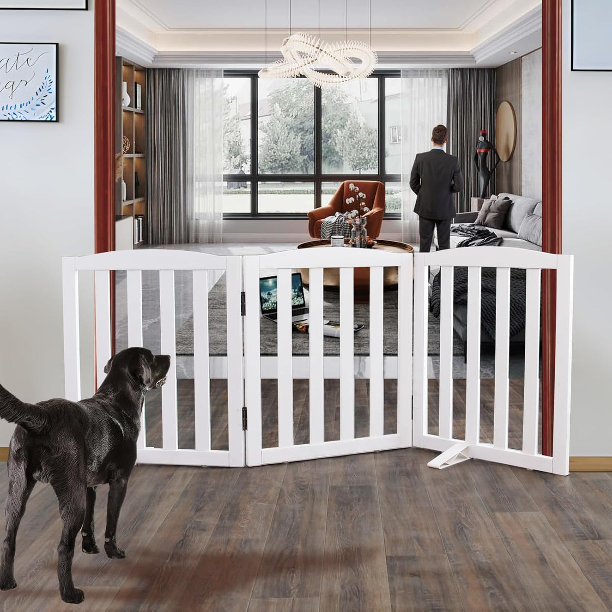 ZJSF Foldable Freestanding Indoor Dog Gate for House Wood White Long Pet Gates Dog Fence for Stairs