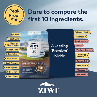 ZIWI Peak Steam & Dried Cat Food – Beef w/Southern Blue Whiting Fish - High Protein, Skin & Coat