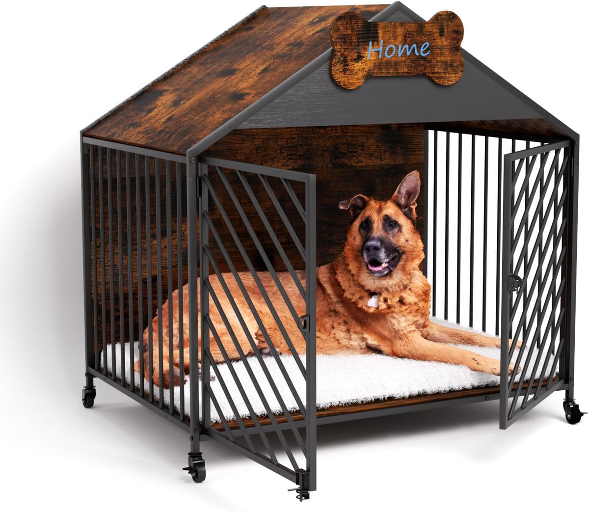 Heavy Duty Dog Crate Furniture for Large Breed - 39.4" Chew-Proof Kennel with Gable Roof, Double