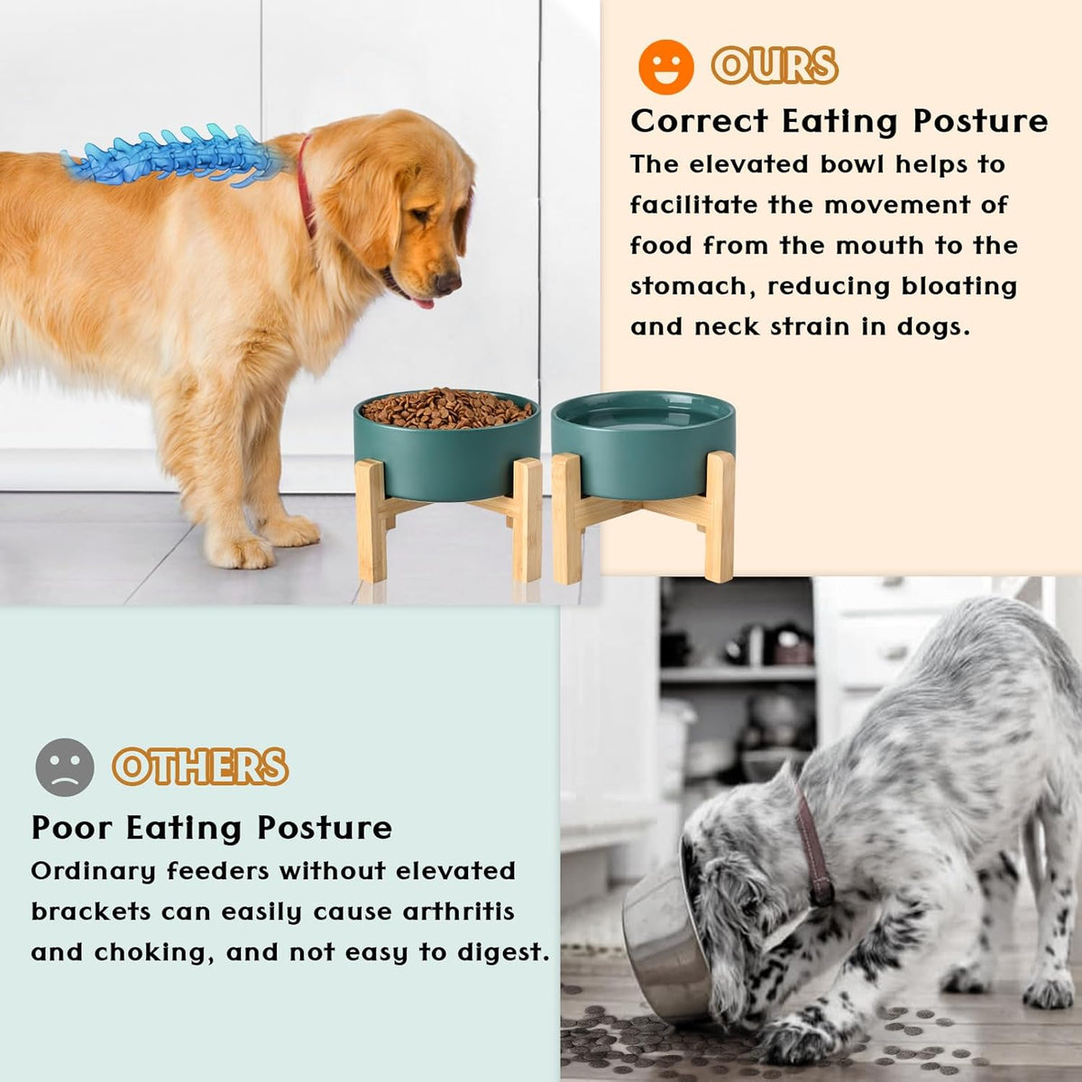 SPUNKYJUNKY Ceramic Elevated Dog Bowls 2 Pack - 5.1inch Raised Dog Bowls with Non-Slip Wooden Stand