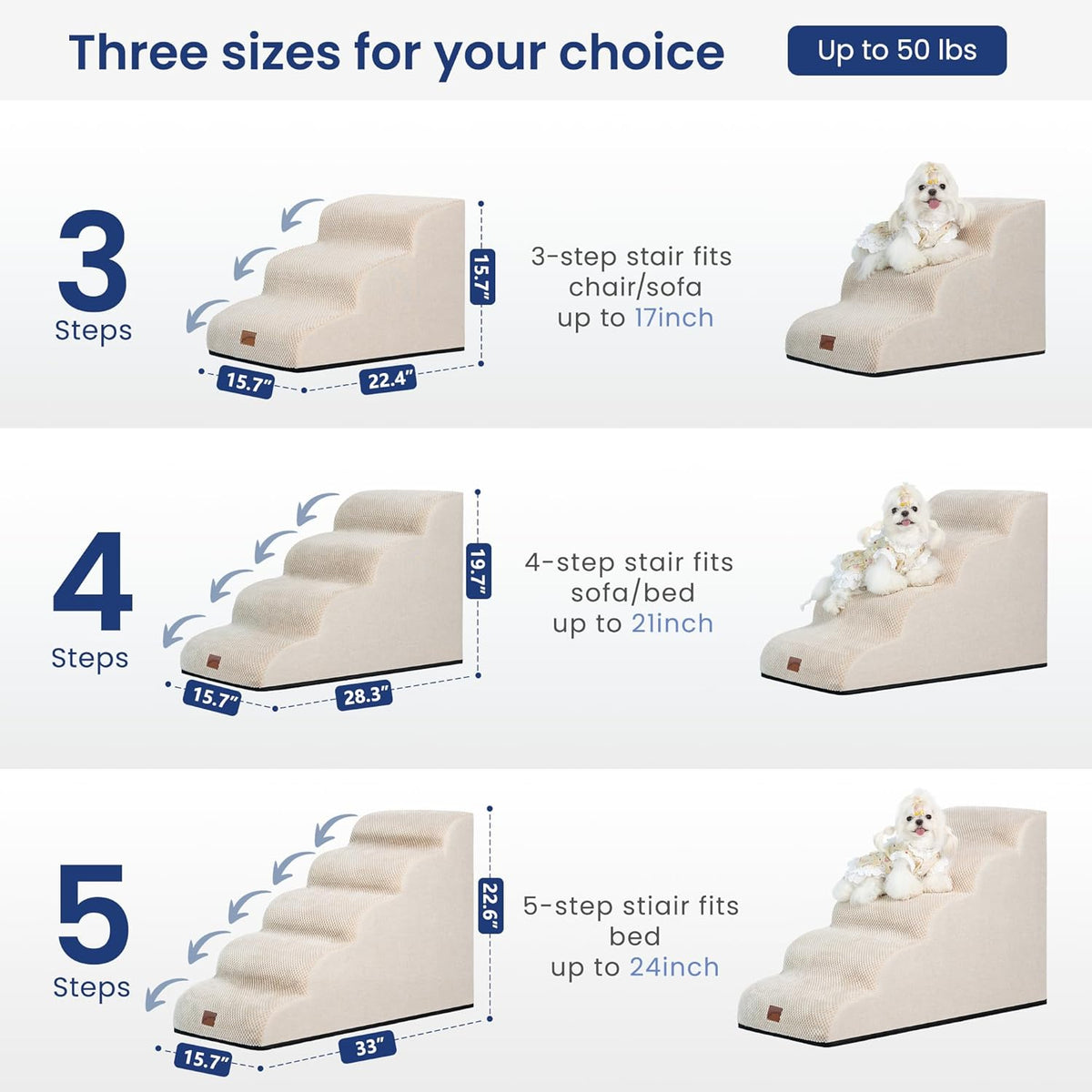 GoGoBunny Ramp Dog Stairs for Couch Sofa and Chair 15.7" H, 3-Step Pet Steps for Small Dogs and