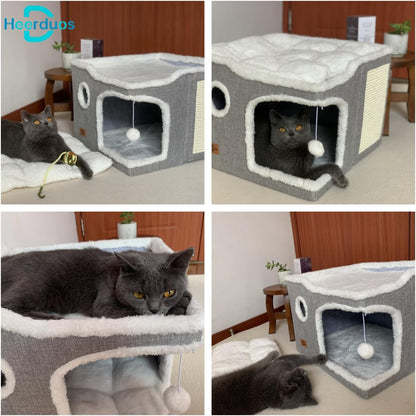 Cat Bed for Indoor Cats,Covered Cat Cave House & Furniture with Scratch Pad,Foldable Cat Hideaway