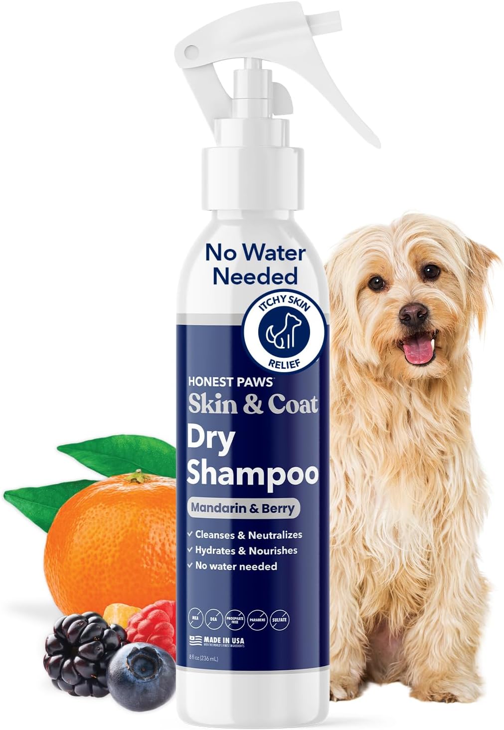 Honest Paws Dog Dry Shampoo - Waterless No Rinse Spray Formula Reducing Itch Cleanse Hydrate