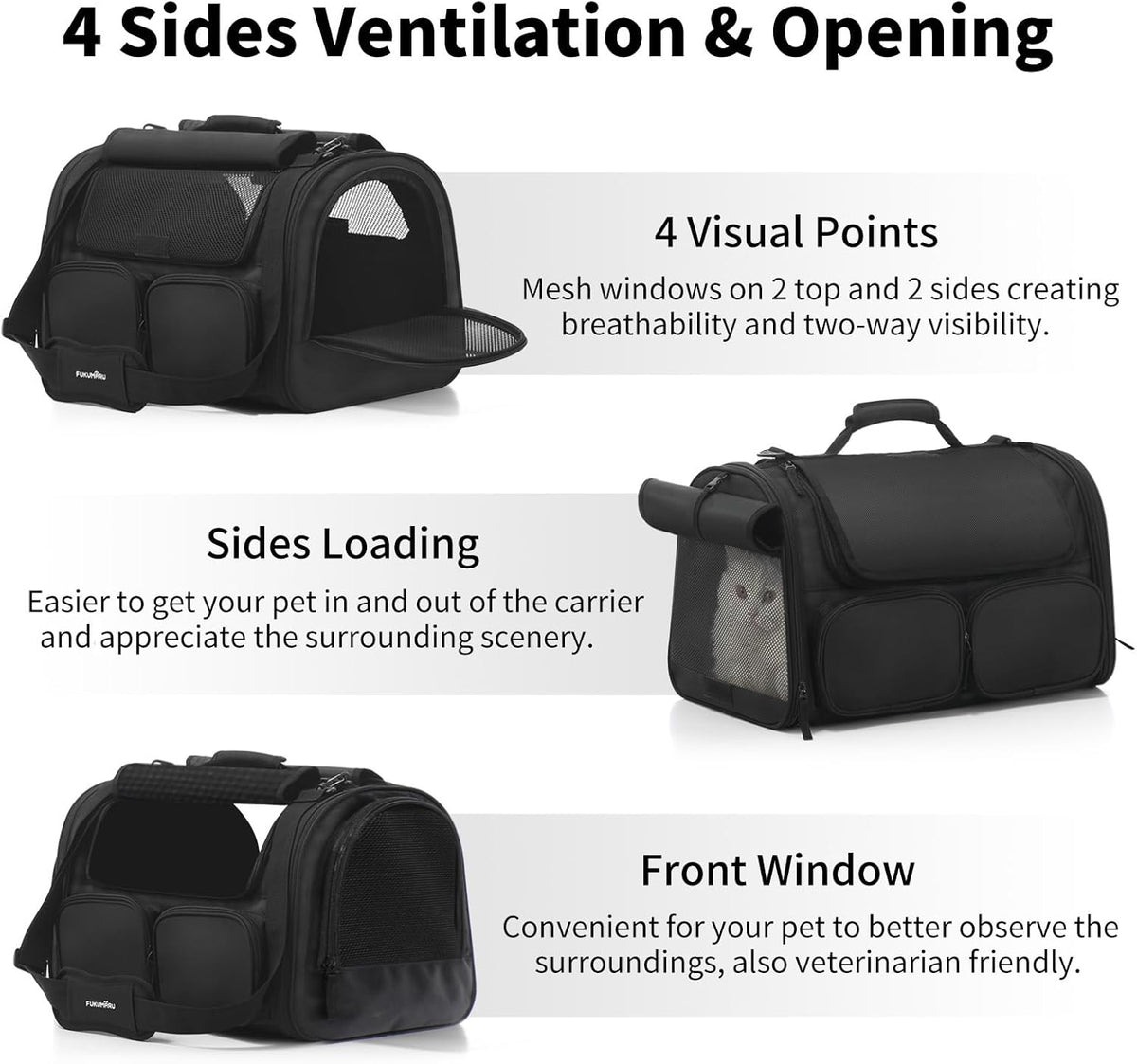 FUKUMARU Cat Carrier, 4 Mesh Windows Small Dog Carrier, 4 Storage Pockets Cat Travel Bag, Under 15