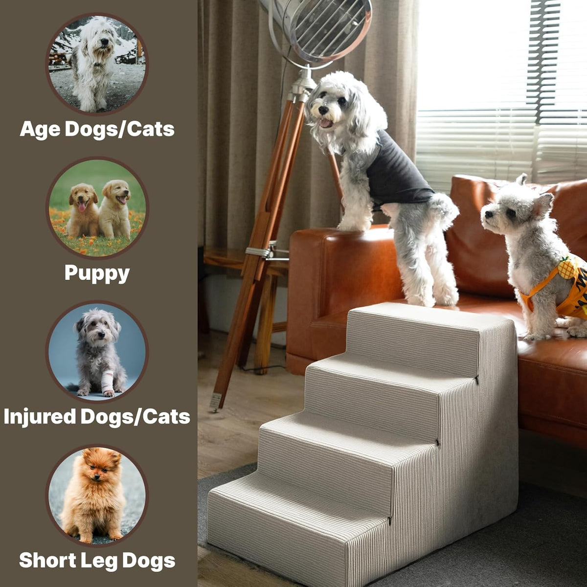 MEWANG Dog Stairs for Small & Medium Dogs and Old Cats –3/4/ 5 Steps High-Density Foam Pet Ramp for